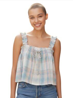 NEW American Eagle Outfitters X-Small Cotton Cropped Top Pink Blue Green Plaid